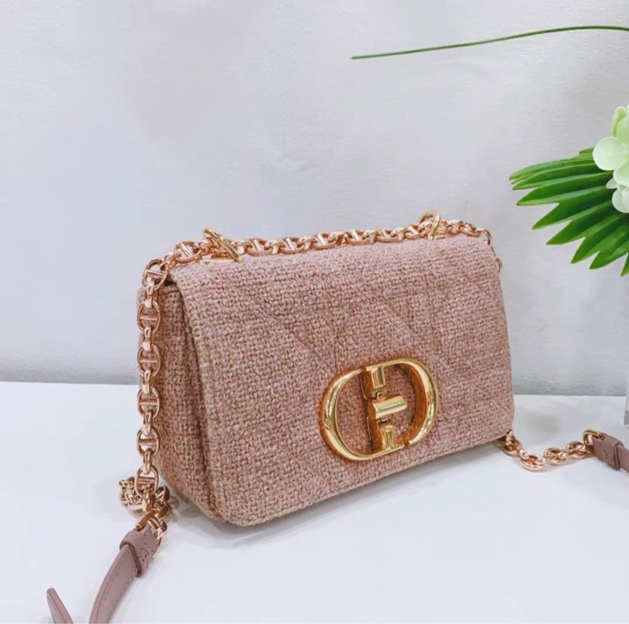 ✨Dior 粉色亞麻小號DIOR CARO 鏈條肩背包20×12×7cm 97新 配件塵袋-1