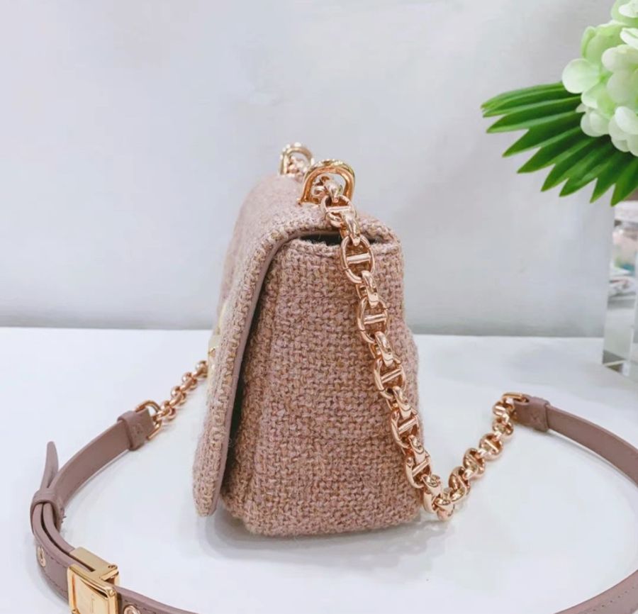 ✨Dior 粉色亞麻小號DIOR CARO 鏈條肩背包20×12×7cm 97新 配件塵袋-4