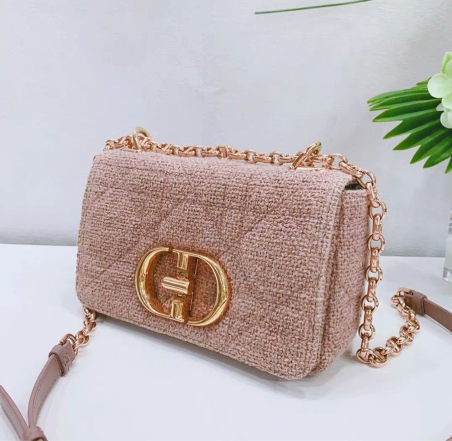 ✨Dior 粉色亞麻小號DIOR CARO 鏈條肩背包20×12×7cm 97新 配件塵袋-5
