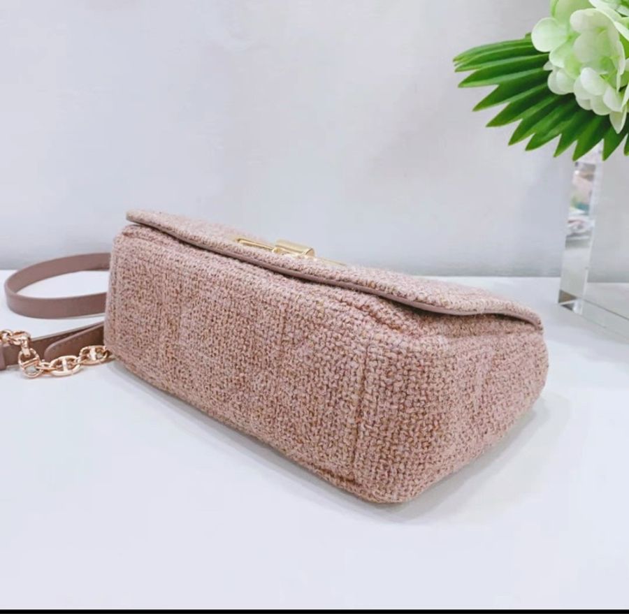 ✨Dior 粉色亞麻小號DIOR CARO 鏈條肩背包20×12×7cm 97新 配件塵袋-7