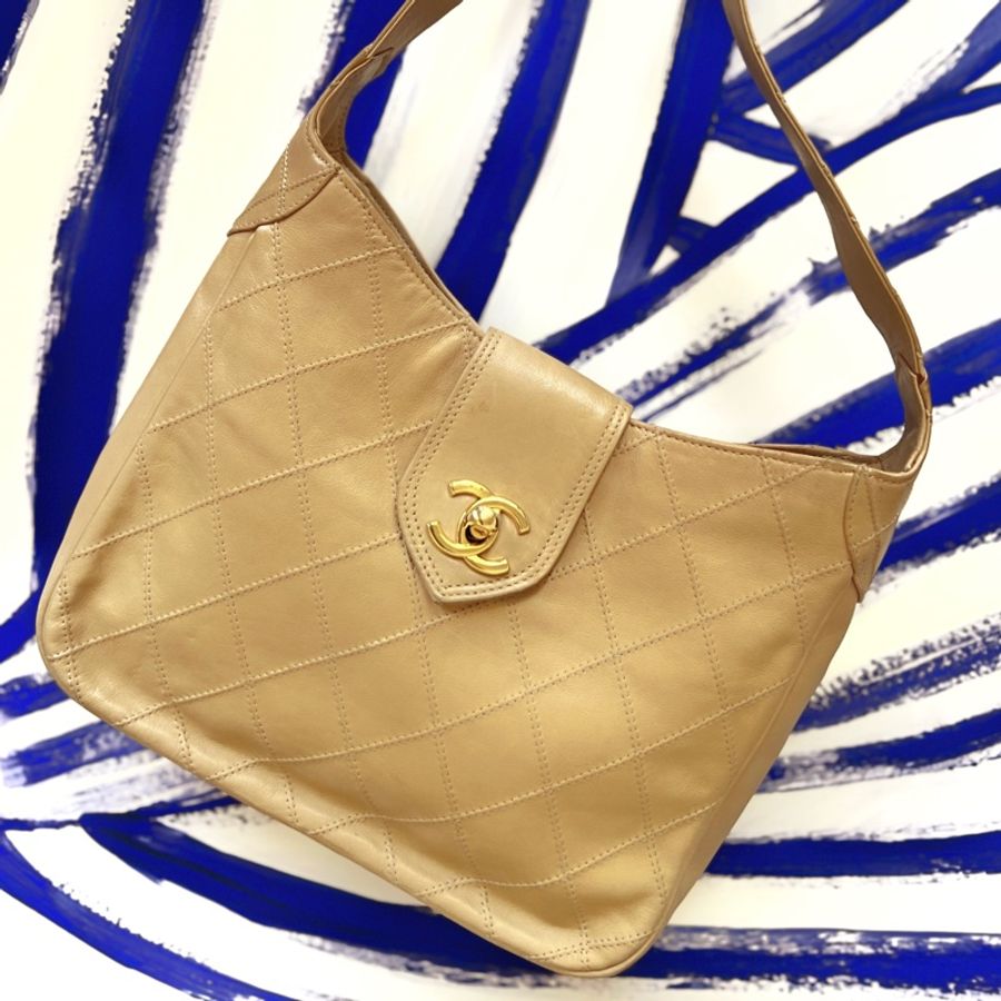 Vintage Chanel shoulder bag 中古香奈兒杏色車線肩背包 0 開-1