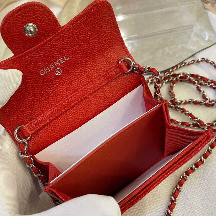 Chanel 小斜孭袋 紅色淡金扣-4