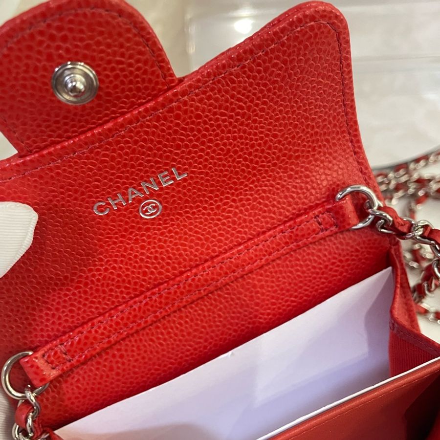 Chanel 小斜孭袋 紅色淡金扣-8