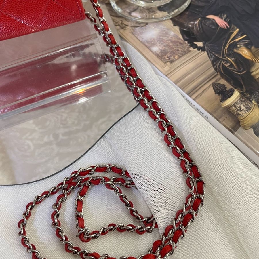 Chanel 小斜孭袋 紅色淡金扣-11