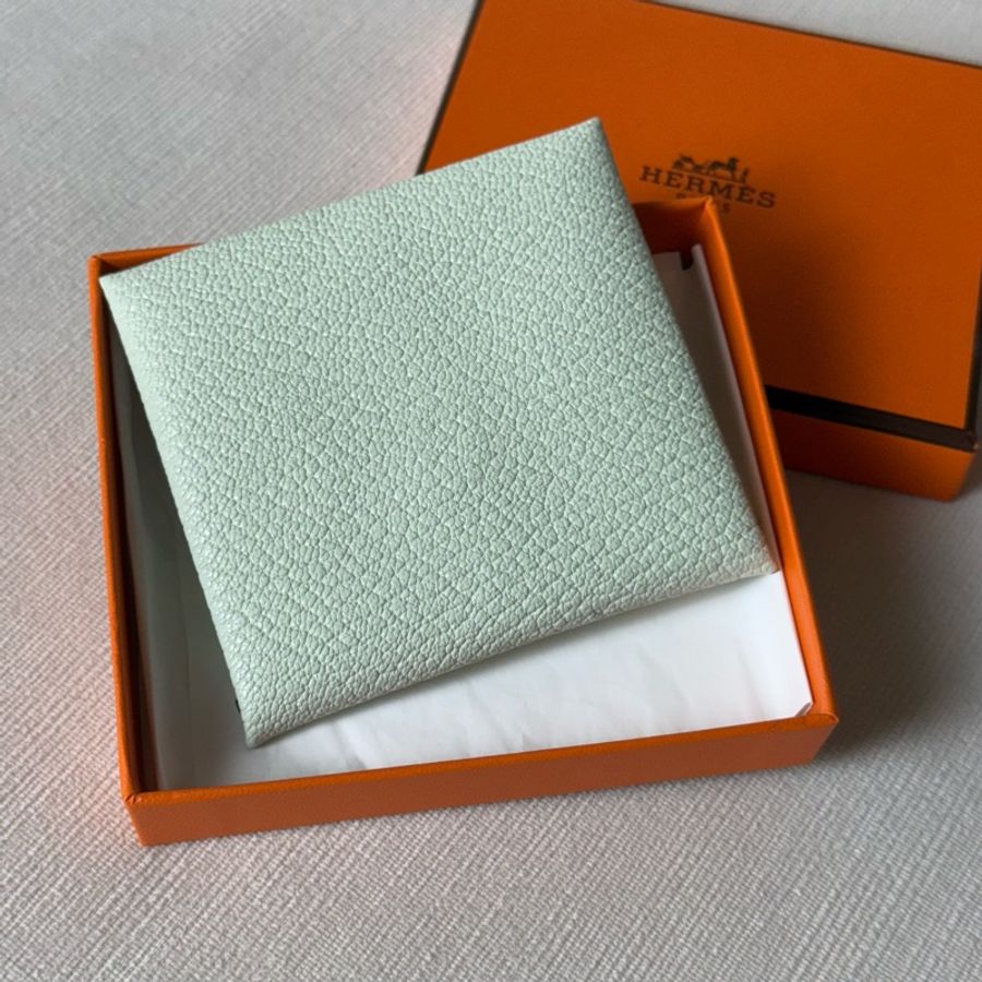 超美山羊皮Hermes Bastia氣泡綠拼藍色零錢包-1