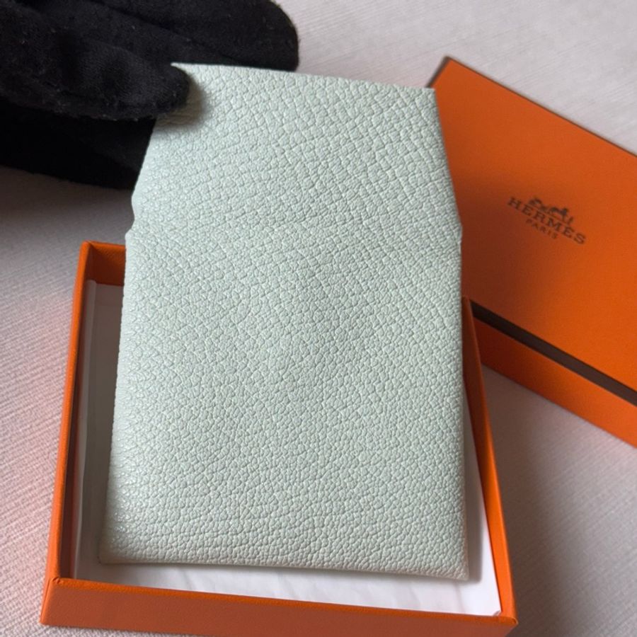 超美山羊皮Hermes Bastia氣泡綠拼藍色零錢包-6