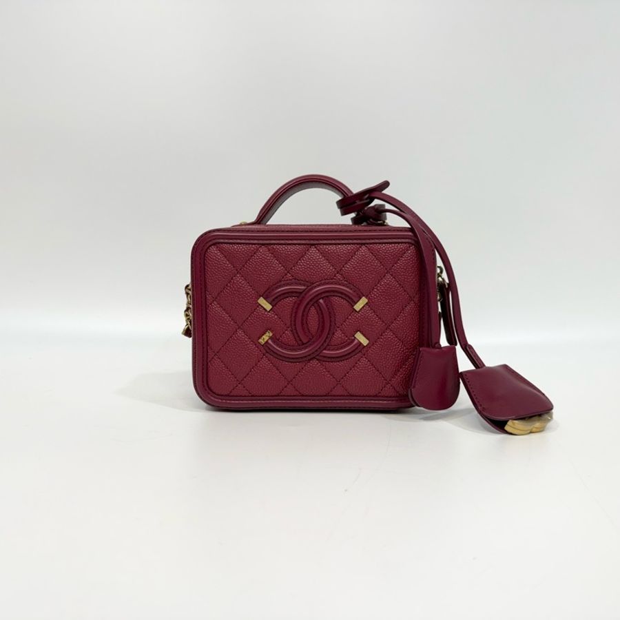 chanel 紅色魚子醬牛皮vanity case化妝箱小號鏈包17cm A93342-1