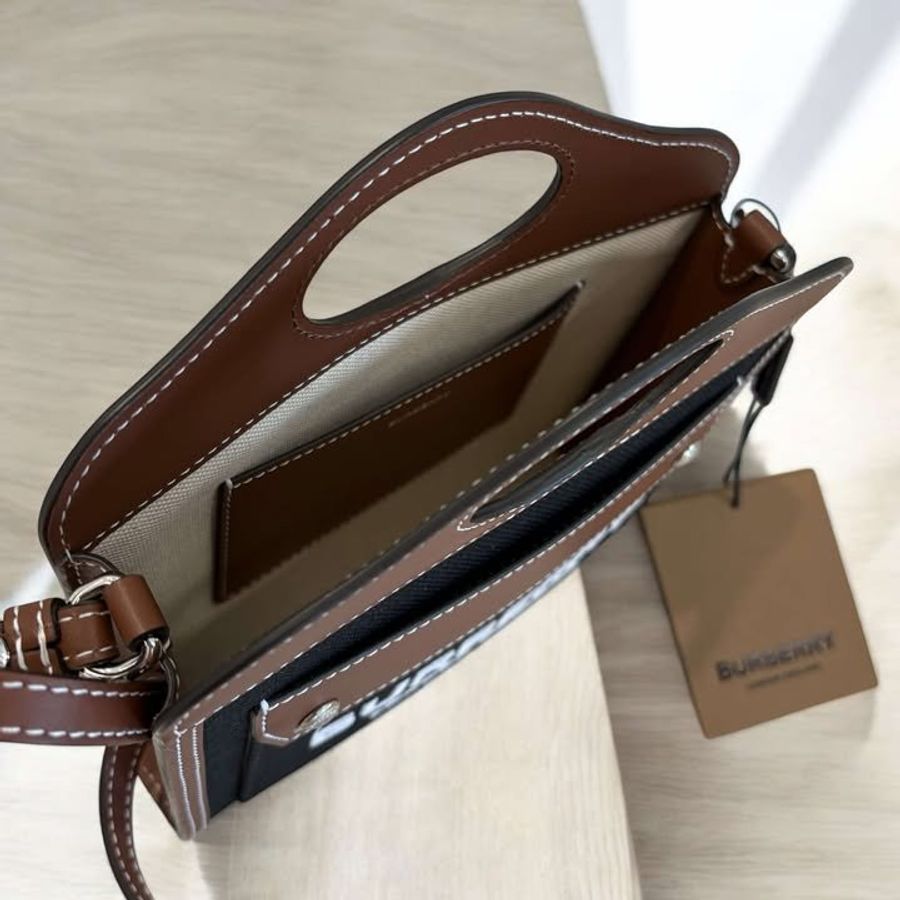 BURBERRY 雙色帆布拼皮革迷你手提包/黑-5