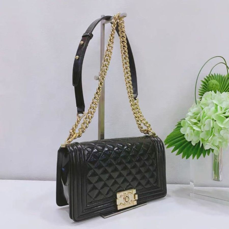 Chanel 黑金中號Le boy鏈條肩背包 25×14.5×8cm  99新 配件塵袋-7