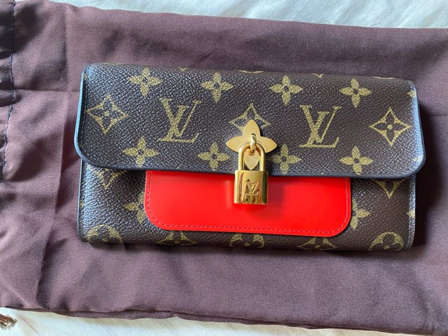Lv Flower限量經典花紋鎖頭扣式長夾 紅色拼接老花-11