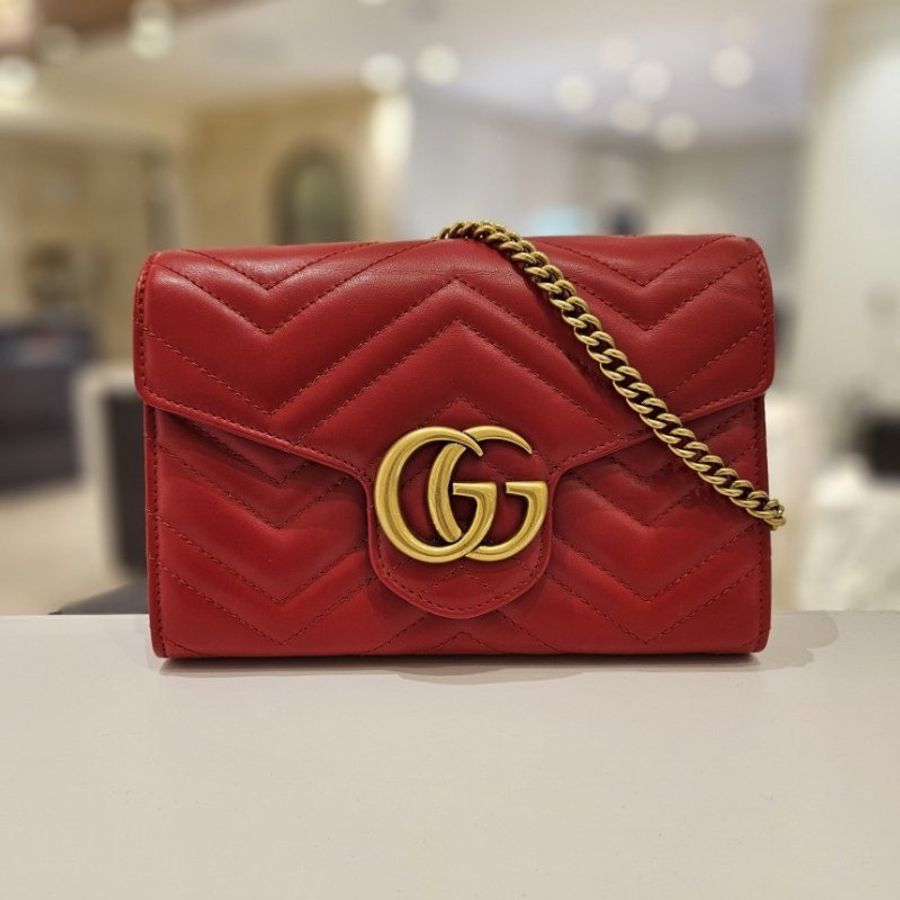 🎁快閃特價🎁Gucci 474575 GG Marmont 新款 WOC 鏈帶包 紅色-1