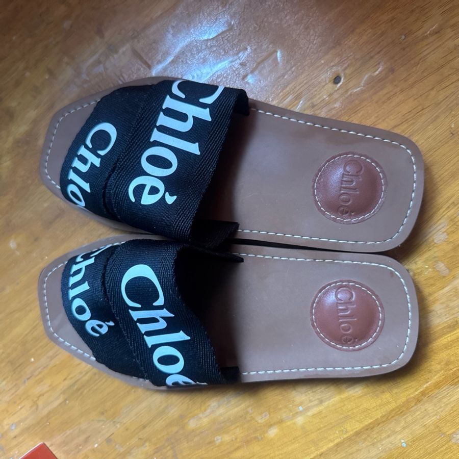 Chloe 拖鞋 36 Chloe’ 蔻依 Woody 棉質織布 平底 拖鞋 黑色-2