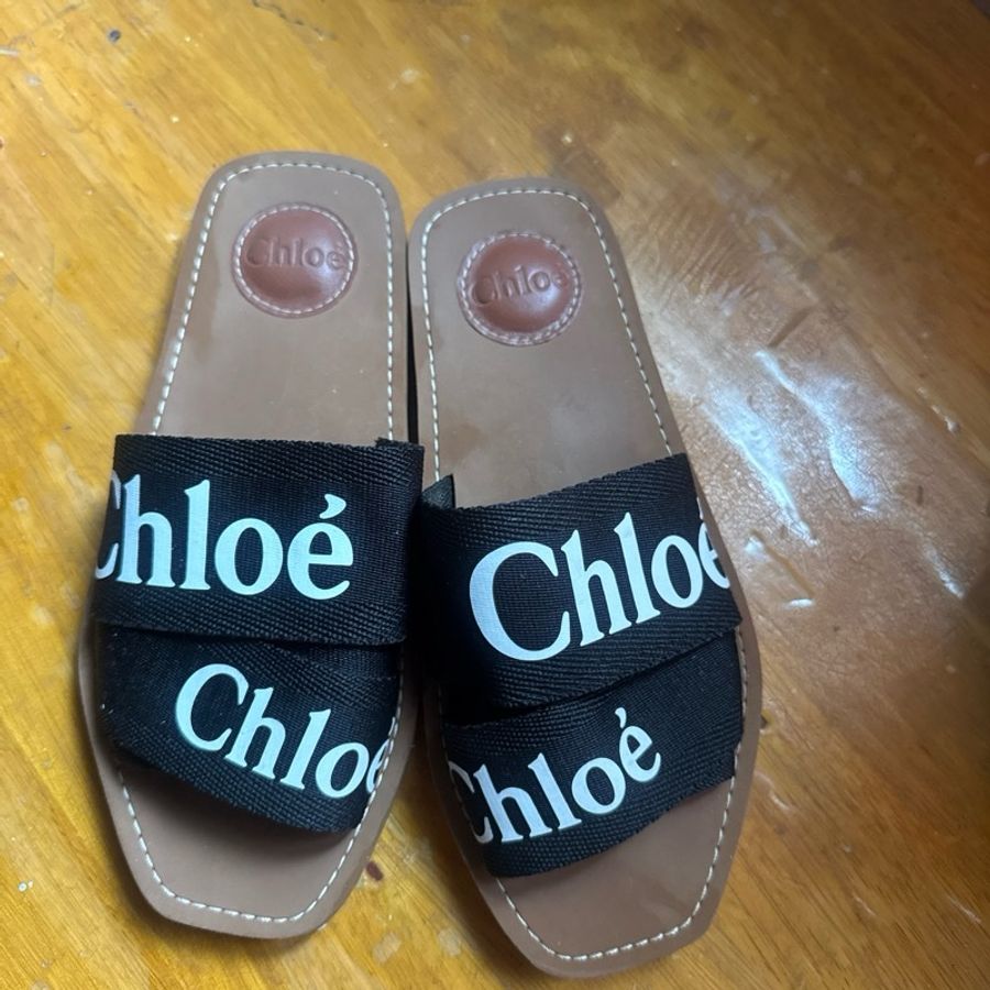 Chloe 拖鞋 36 Chloe’ 蔻依 Woody 棉質織布 平底 拖鞋 黑色-6