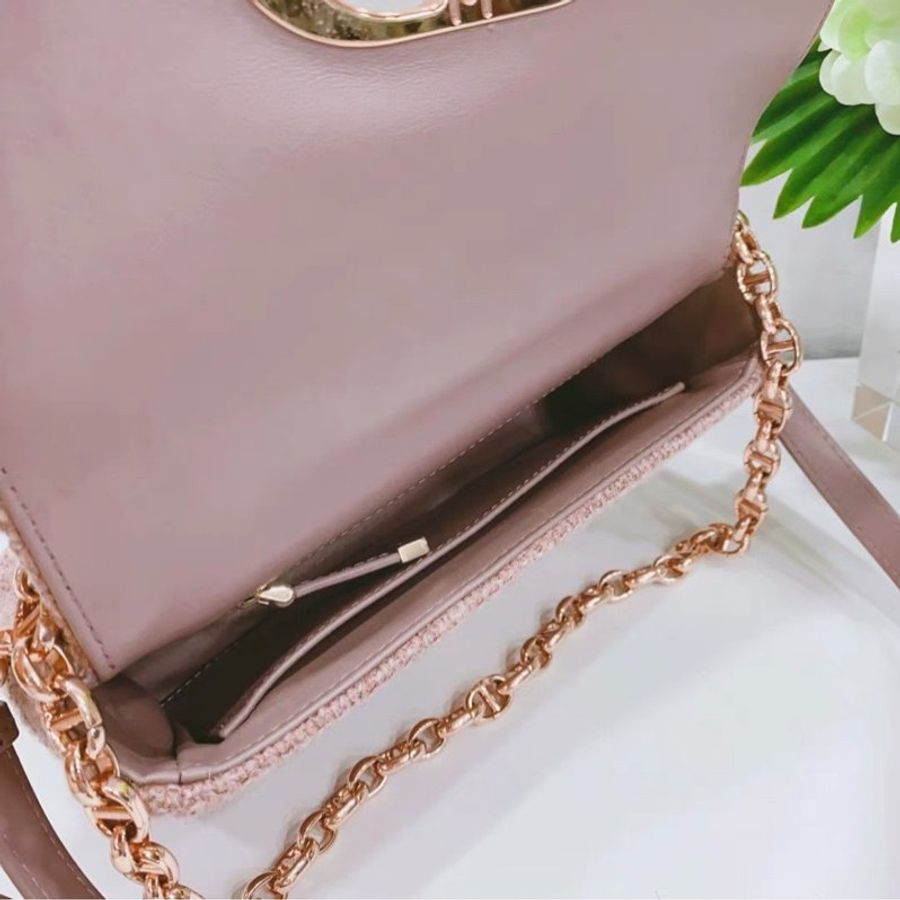 ✨Dior 粉色亞麻小號DIOR CARO 鏈條肩背包20×12×7cm 97新 配件塵袋-8
