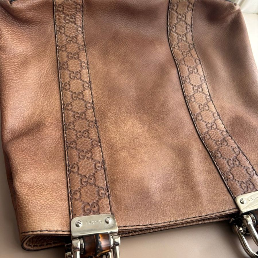 ::GUCCI:: Bambo Bar Tote 竹節編織提把 棕色皮革托特手提包肩背包-18