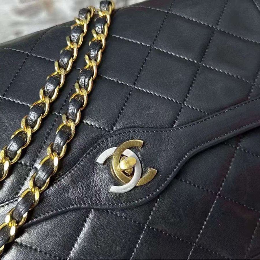 Chanel 巴黎中古美品 稀有法國巴黎限定金銀雙色logo Chanel vintage經典雙蓋classic flap cp雙鍊老香包-18
