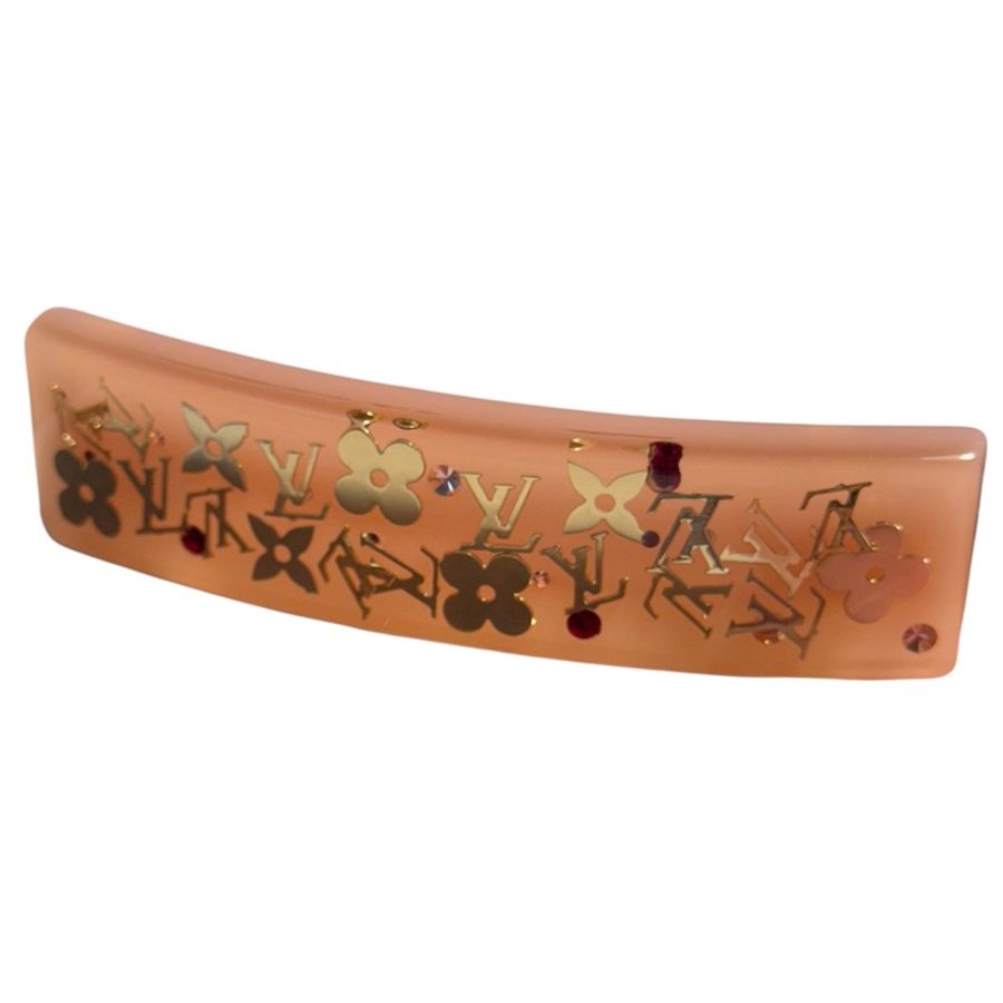 🎀Louis Vuitton *近新品正面無任何刮傷*LV稀有皮粉色髮夾|經典花紋✦fufu style 精品✦ 氣質感|手鏈.手環-0