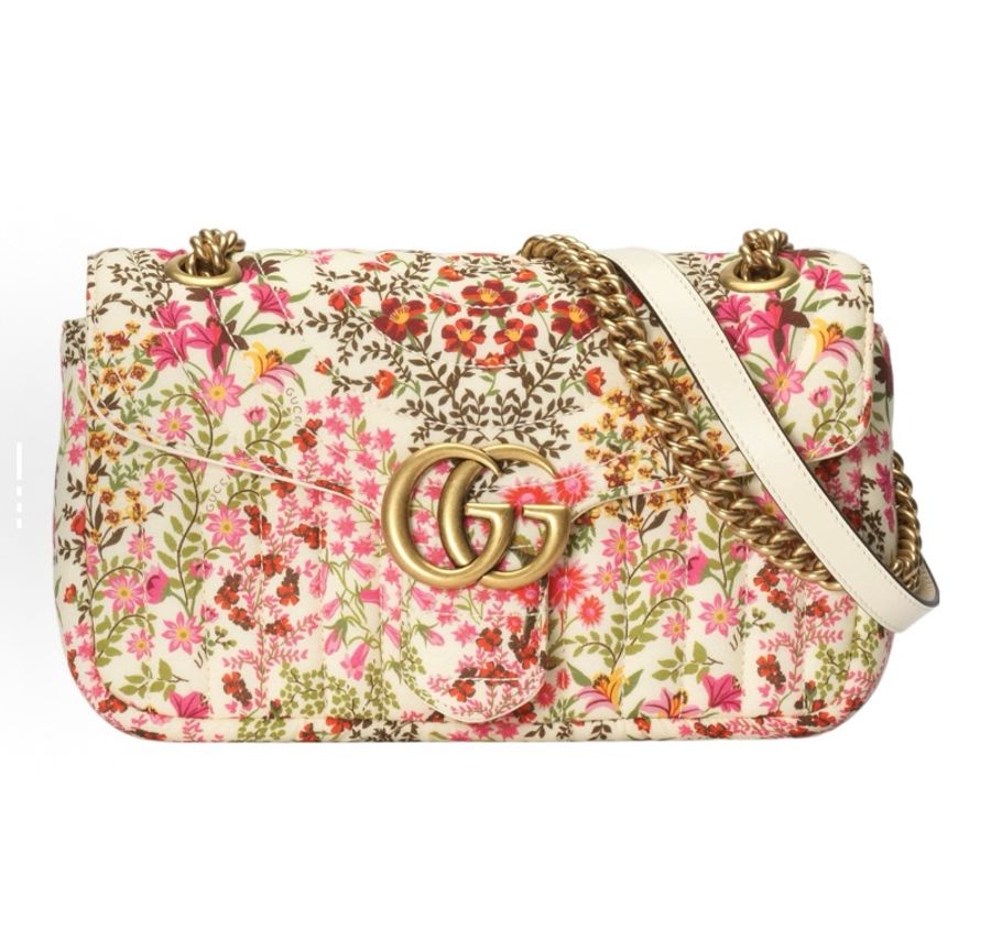 GUCCI古馳 GG Marmont系列 金標Logo花卉印花棉質手提單肩斜挎包 小號-5