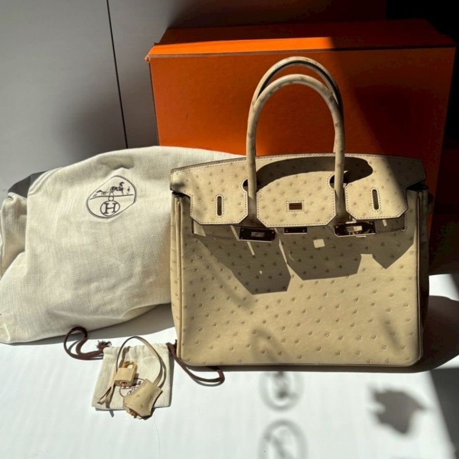 Hermes 金釦淺色鴕鳥皮柏金 30 Birkin-2
