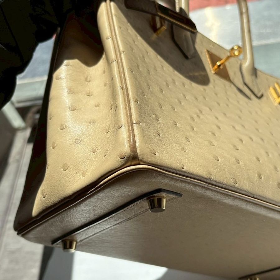 Hermes 金釦淺色鴕鳥皮柏金 30 Birkin-9