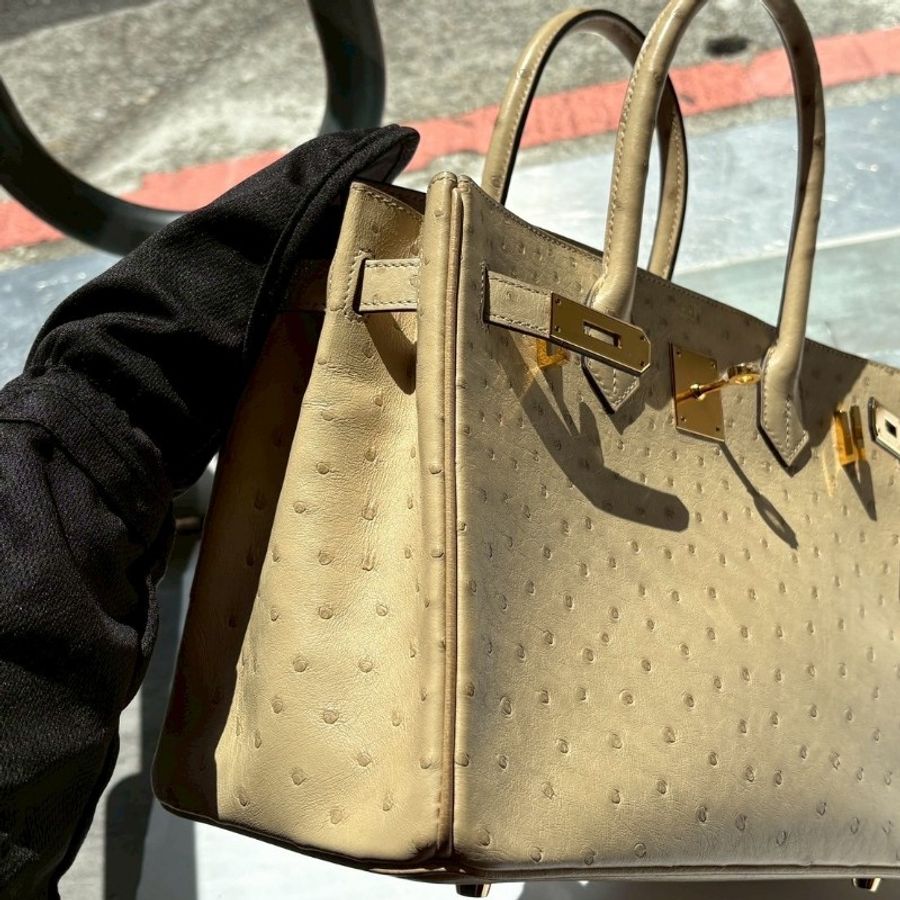 Hermes 金釦淺色鴕鳥皮柏金 30 Birkin-11