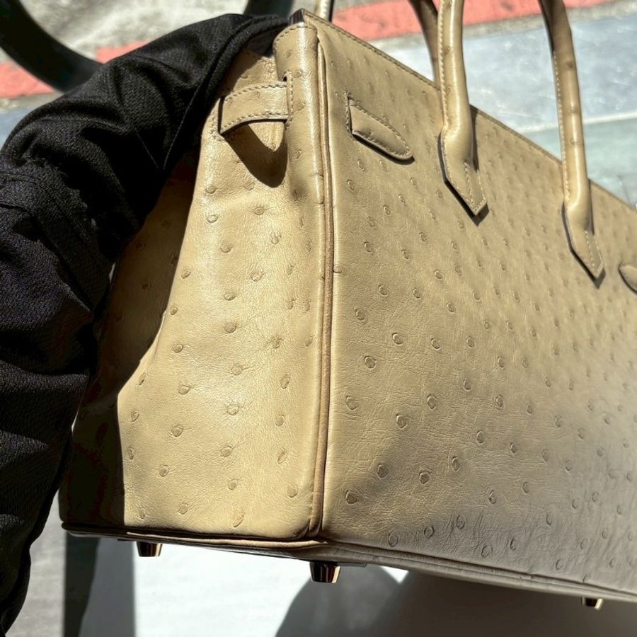 Hermes 金釦淺色鴕鳥皮柏金 30 Birkin-14