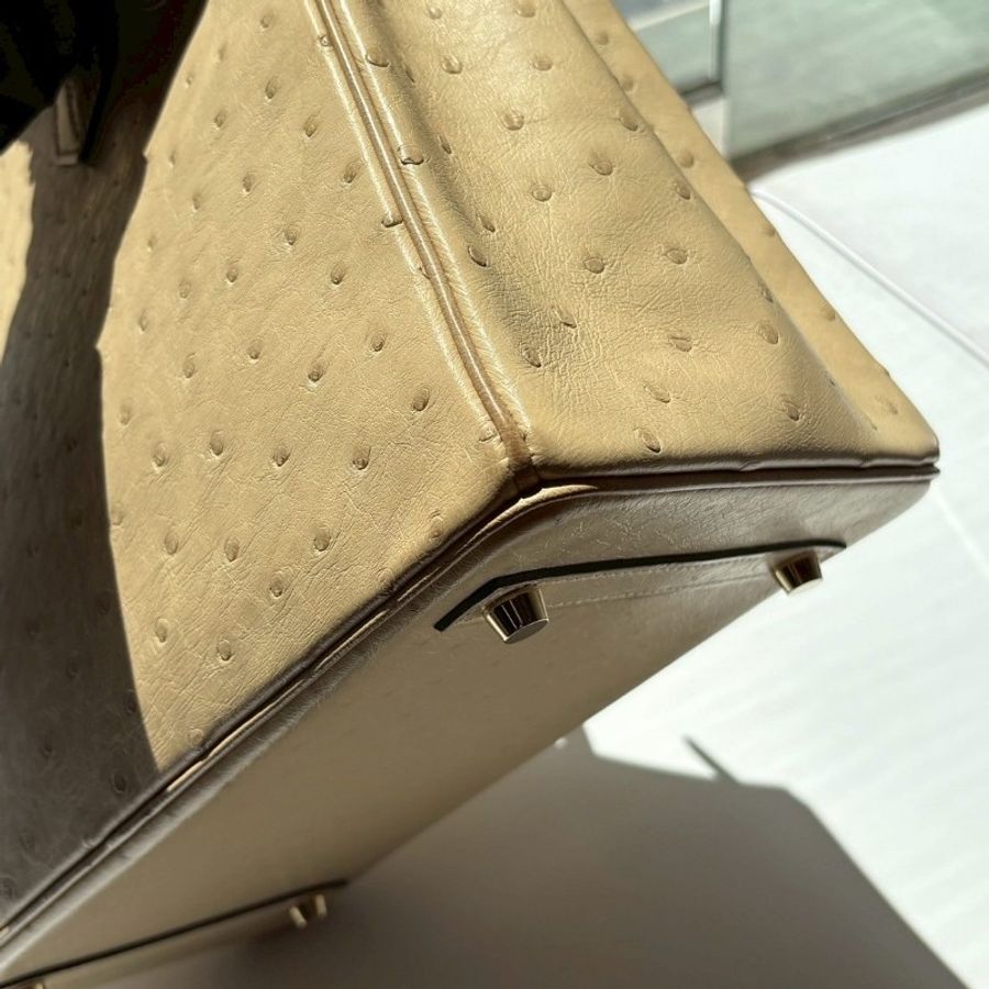 Hermes 金釦淺色鴕鳥皮柏金 30 Birkin-16