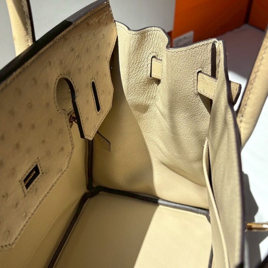 Hermes 金釦淺色鴕鳥皮柏金 30 Birkin-19
