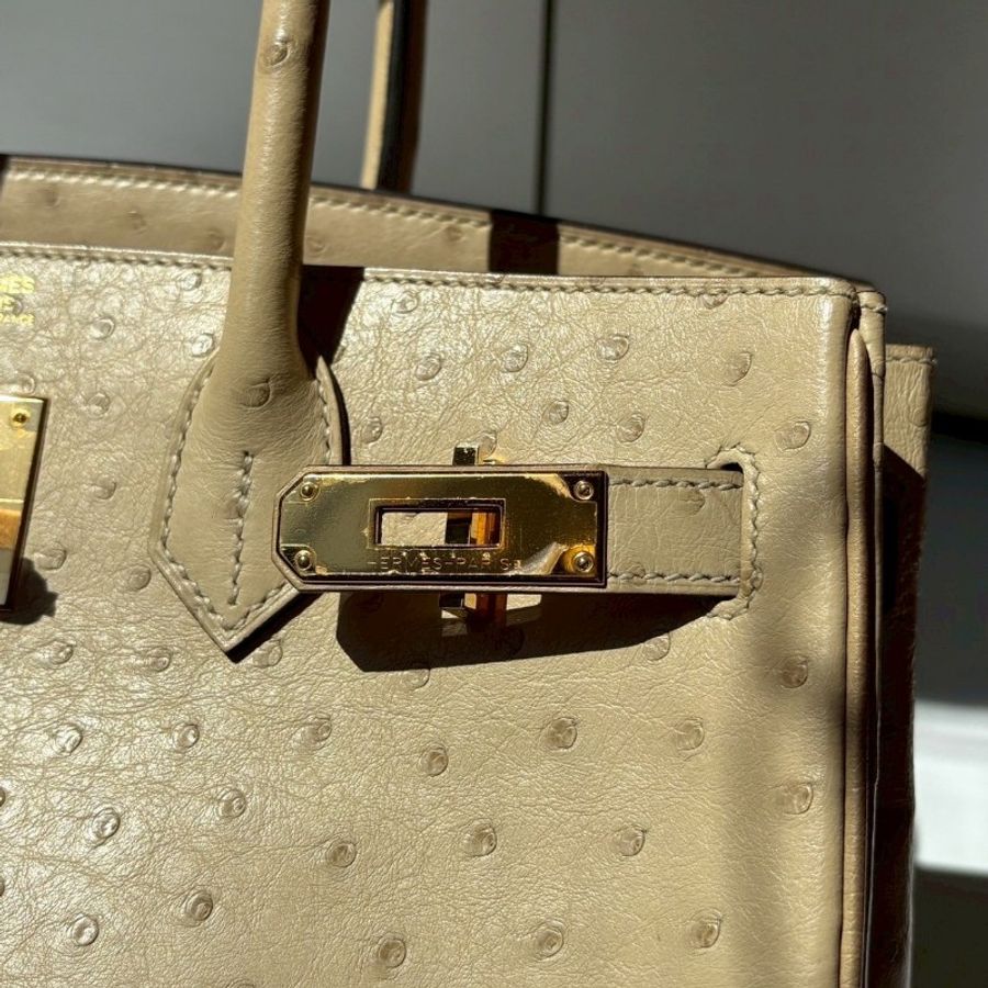 Hermes 金釦淺色鴕鳥皮柏金 30 Birkin-21