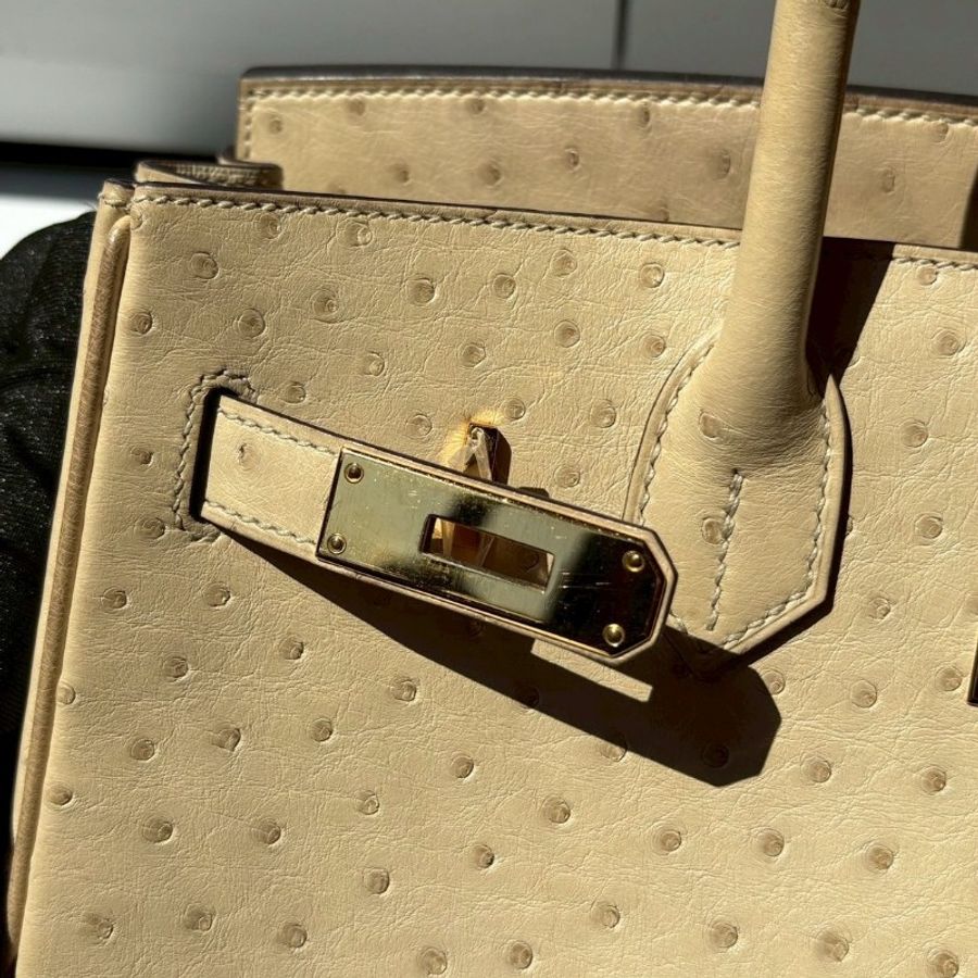 Hermes 金釦淺色鴕鳥皮柏金 30 Birkin-22