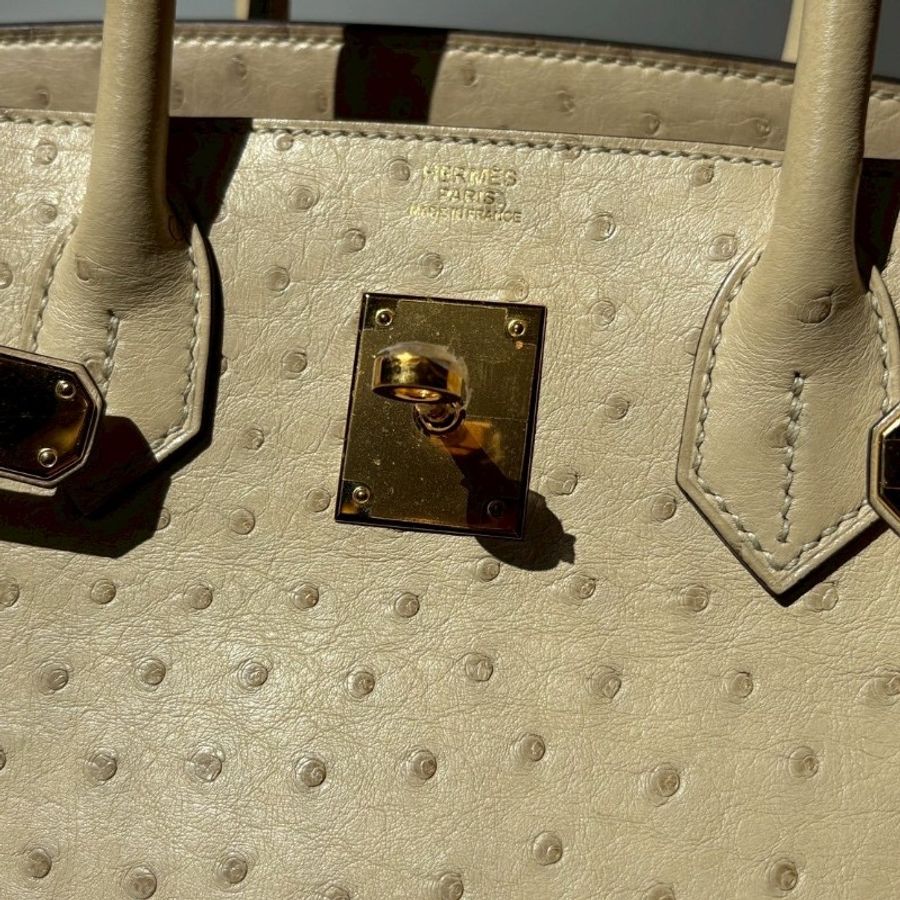 Hermes 金釦淺色鴕鳥皮柏金 30 Birkin-24