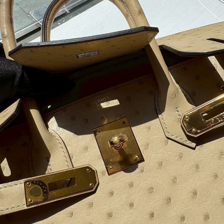 Hermes 金釦淺色鴕鳥皮柏金 30 Birkin-25