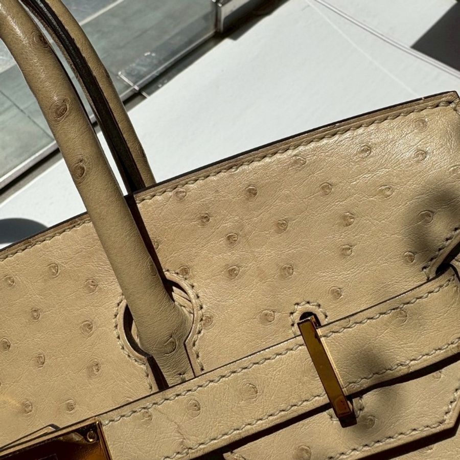 Hermes 金釦淺色鴕鳥皮柏金 30 Birkin-26