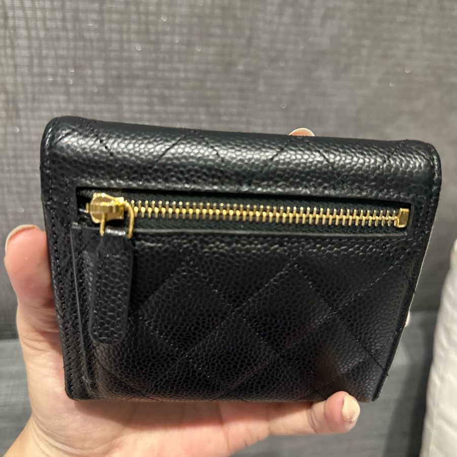 全新 CHANEL 香奈兒黑金 經典 CF 黑色 短夾 皮夾 錢包 三折 正品 全配 防刮 牛皮 荔枝紋 荔枝-10