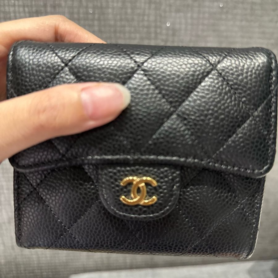 全新 CHANEL 香奈兒黑金 經典 CF 黑色 短夾 皮夾 錢包 三折 正品 全配 防刮 牛皮 荔枝紋 荔枝-11