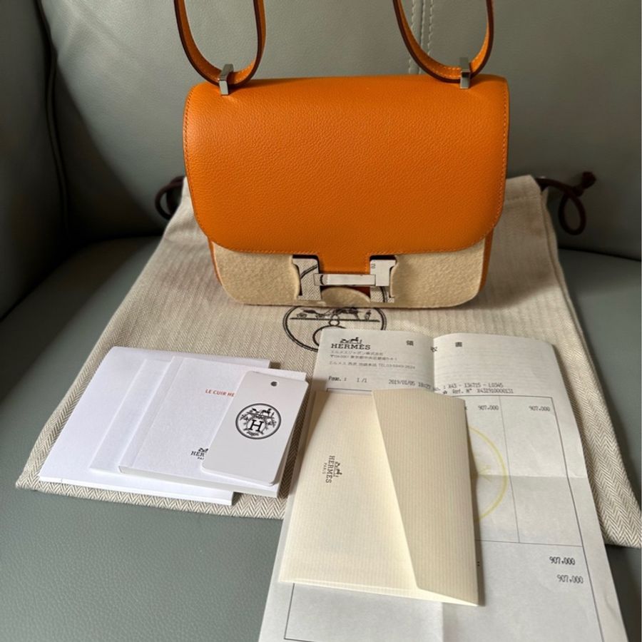 Hermes 愛馬仕康康19,E皮C刻橙黃色銀扣,98新。-4
