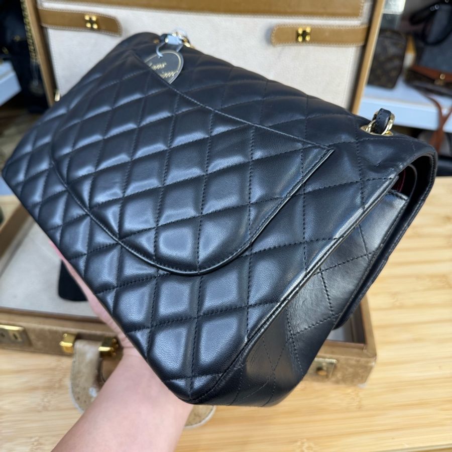 CHANEL 黑羊皮Classic Double Flap 金釦口蓋鍊包CF30cm🖤品況超讚-10