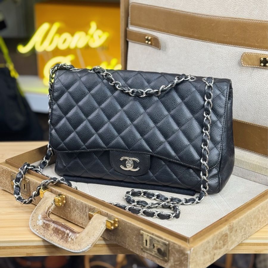 CHANEL黑荔枝紋Jumbo 30cm銀扣單蓋鍊包🎶二手好物-0