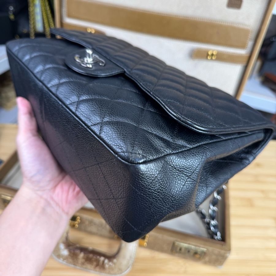 CHANEL黑荔枝紋Jumbo 30cm銀扣單蓋鍊包🎶二手好物-4