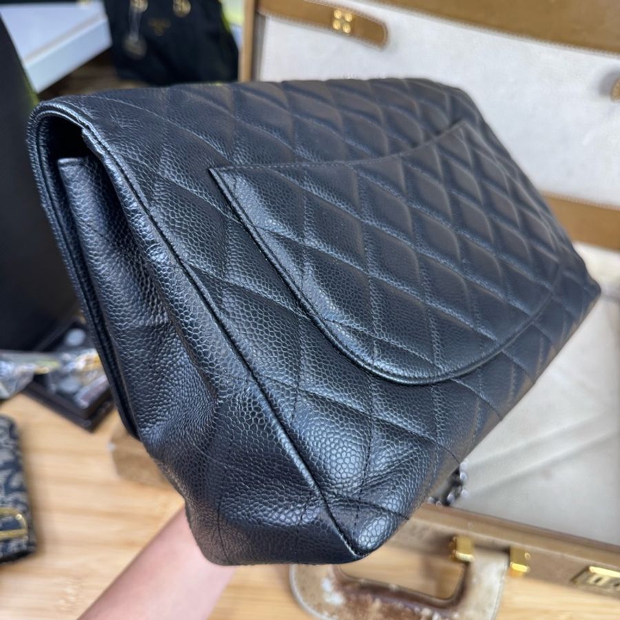 CHANEL黑荔枝紋Jumbo 30cm銀扣單蓋鍊包🎶二手好物-8