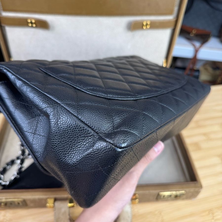 CHANEL黑荔枝紋Jumbo 30cm銀扣單蓋鍊包🎶二手好物-9