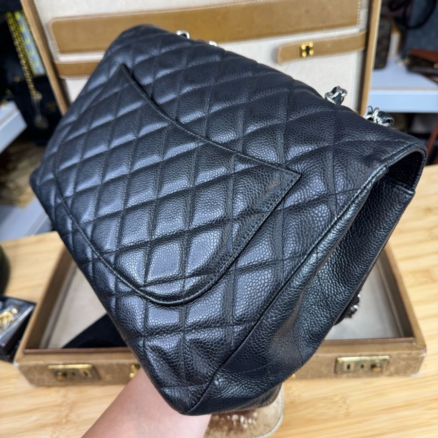 CHANEL黑荔枝紋Jumbo 30cm銀扣單蓋鍊包🎶二手好物-10