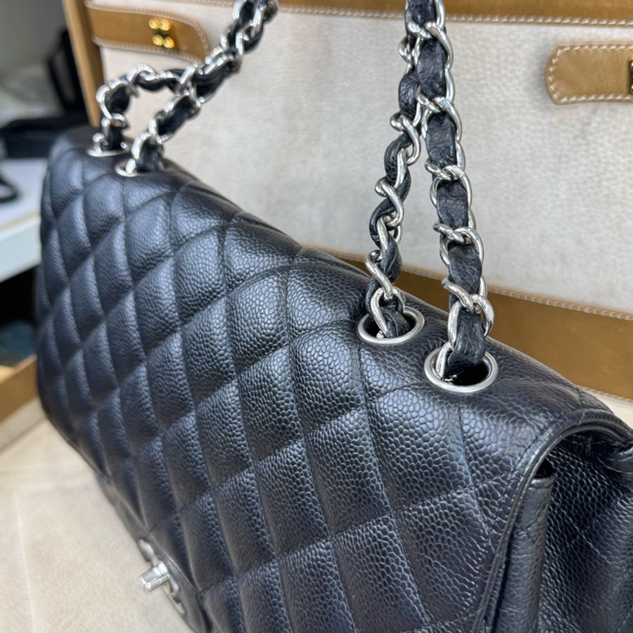 CHANEL黑荔枝紋Jumbo 30cm銀扣單蓋鍊包🎶二手好物-20