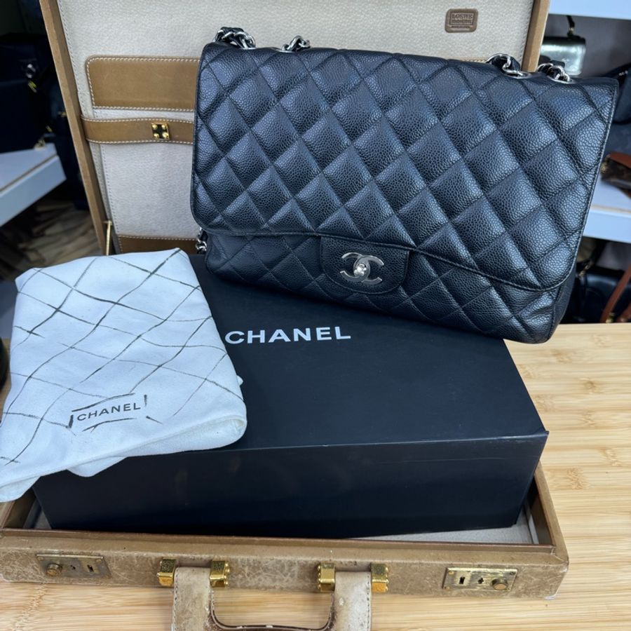 CHANEL黑荔枝紋Jumbo 30cm銀扣單蓋鍊包🎶二手好物-24