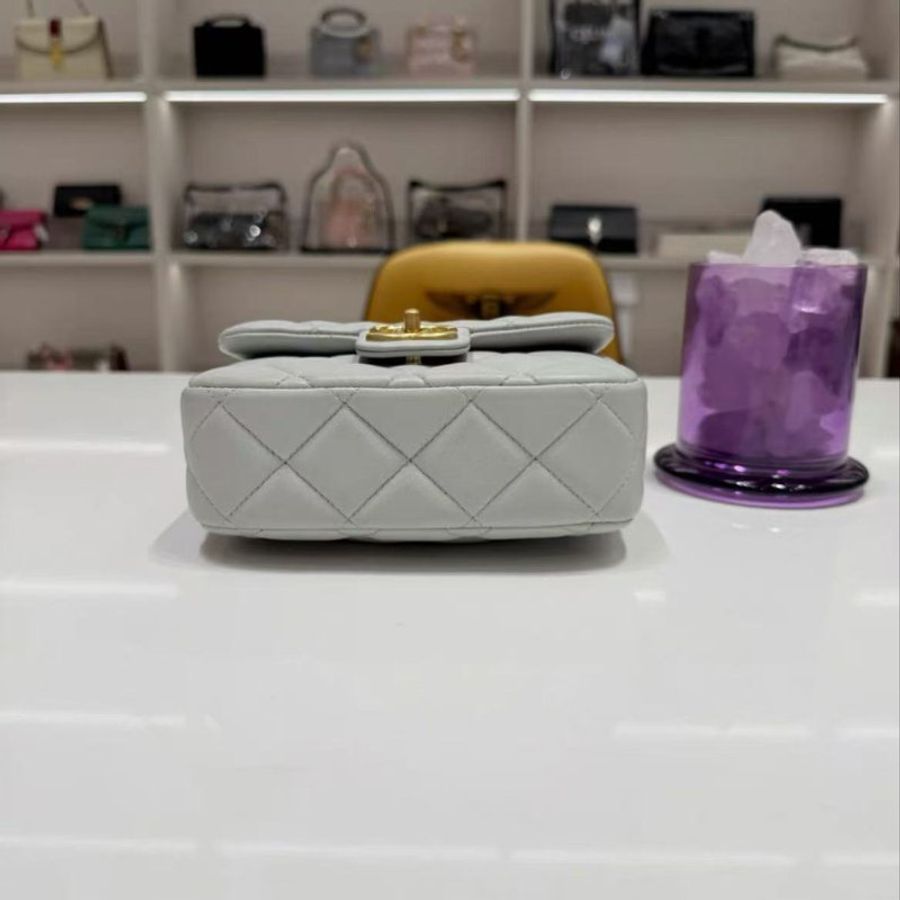 CHANEL 23s方胖子砝瑯鏈條包 藍灰色17*13cm  98新配件塵袋-4