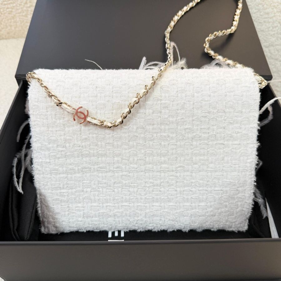 Chanel 25S Embroidered Tweed, Feathers, Imitation Pearls & Gold-Tone Metal Clutch in White-1