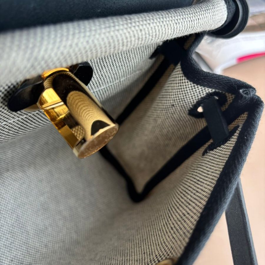 ::HERMES:: 愛馬仕 W刻MINI HERBAG 帆布黑皮革金釦斜背包-7