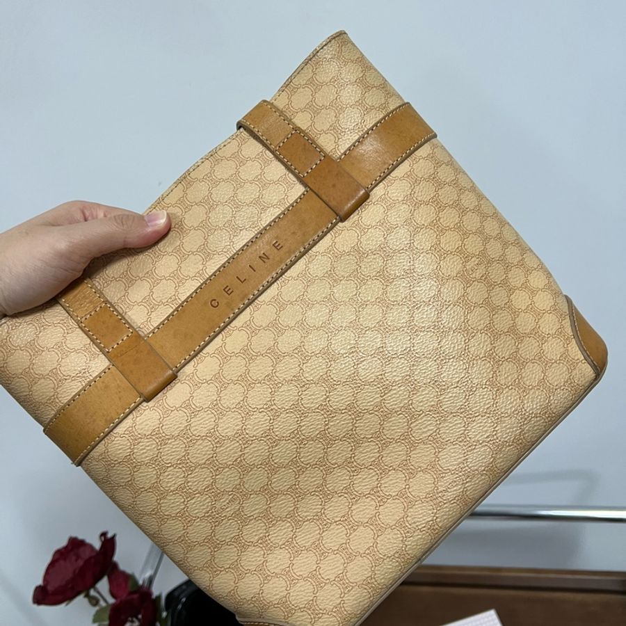 CELINE Vintage 中古 奶茶色 老花 Tote Macadam 稀有-6