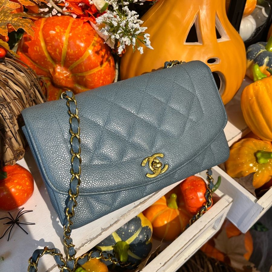 Chanel 香奈兒 荔枝皮 魚子醬 嬰兒藍色 baby blue caviar Diana 小號 22cm 戴妃包 中古-2