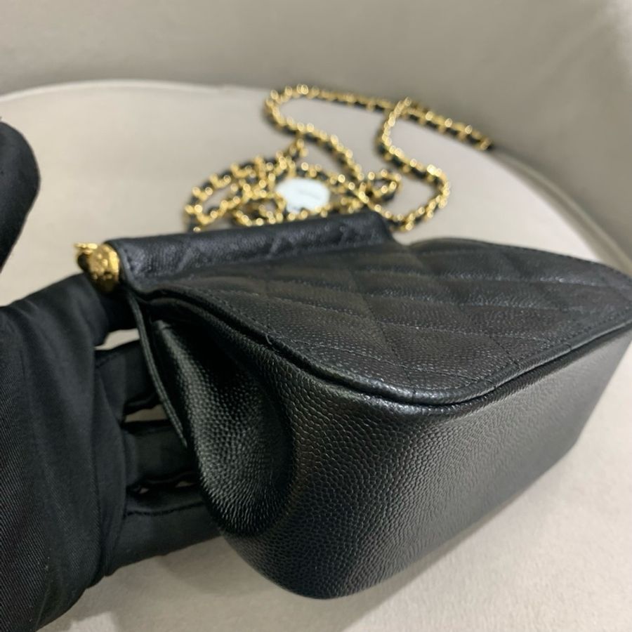 全新 CHANEL 芯片款 黑金荔枝紋貝殼包-16
